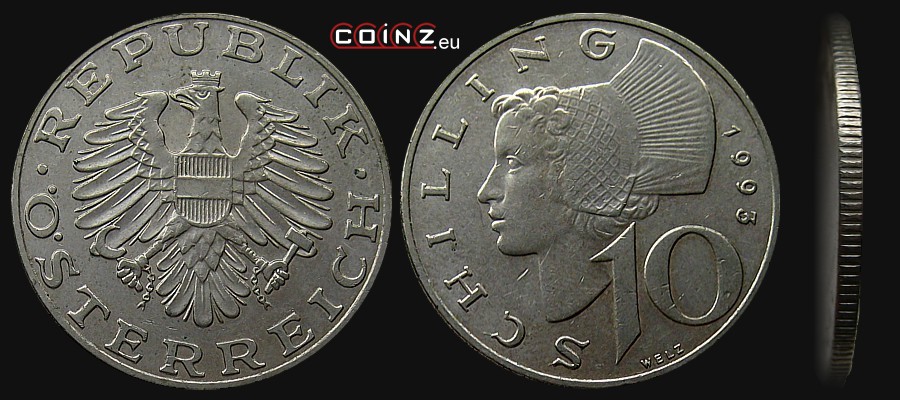 10 szylingów 1974-2001 - monety Austrii