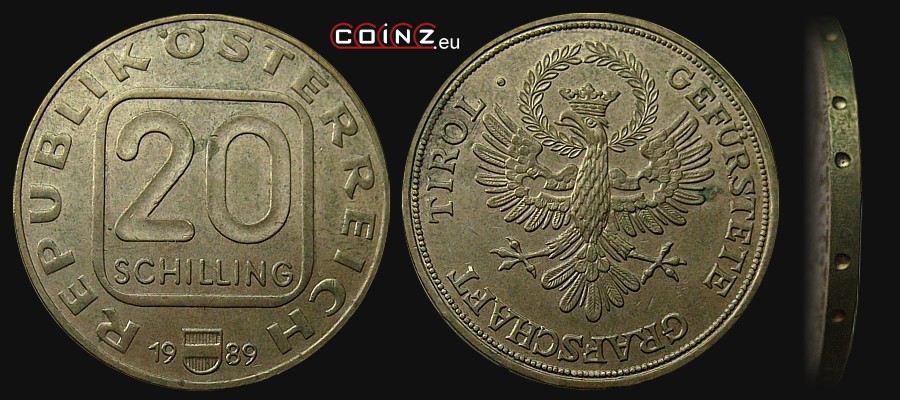 20 szylingów 1989-1993 Książęce Hrabstwo Tyrol - monety Austrii