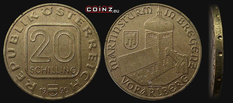 20 szylingów 1990-1993 Wieża w Bregencji - monety Austrii