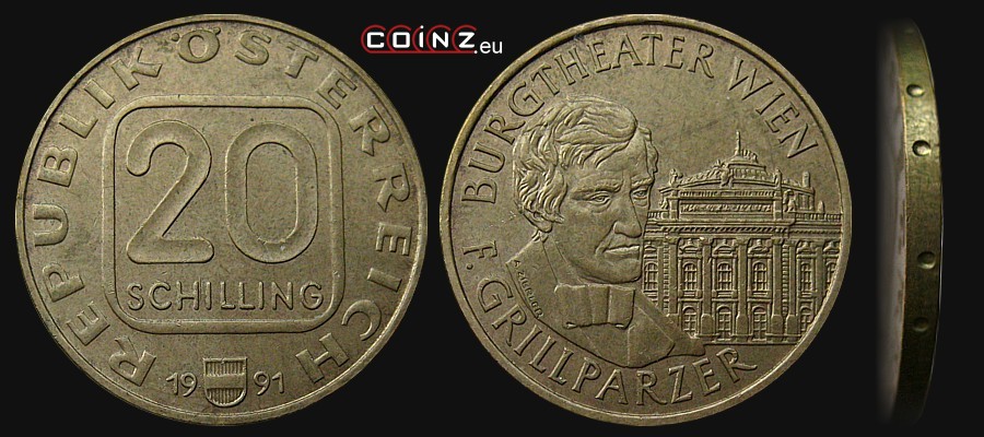 20 szylingów 1991-1993 Franz Grillparzer - monety Austrii