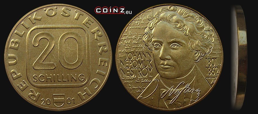 20 szylingów 2001 Johann Nepomuk Nestroy - monety Austrii