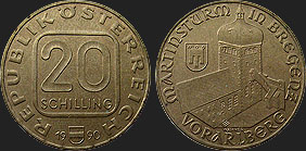 Monety Austrii - 20 szylingów 1990-1993 - Wieża Św. Marcina w Bregencji 