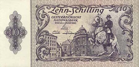 Banknot austriacki o nominale 10 szylingów z 1950r.