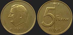 monety Belgii - 5 franków 1994-1998 Król Albert II nl.