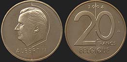 monety Belgii - 20 franków 1994-1998 Król Albert II fr.