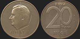 monety Belgii - 20 franków 1994-1998 Król Albert II nl.
