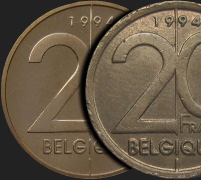 Wariant monety belgijskiej o nominale 20 franków z 1994 r.