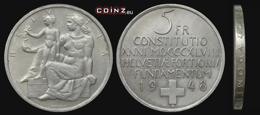 5 franków 1948 Konstytucja Federalna - monety Szwajcarii