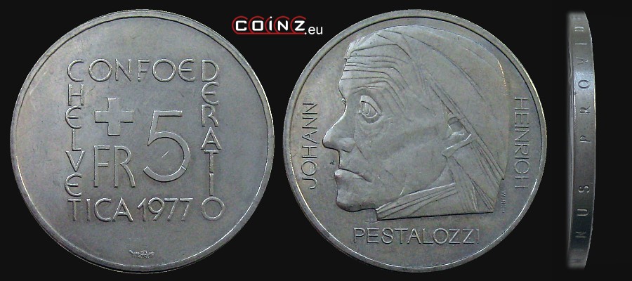 5 franków 1977 Johann Heinrich Pestalozzi - monety Szwajcarii