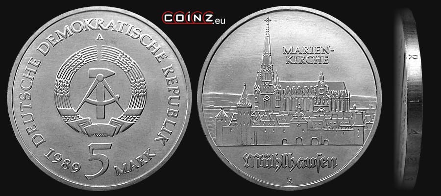 5 marek 1989 Mühlhausen - Kościół Marii Panny - monety Niemiec (NRD)