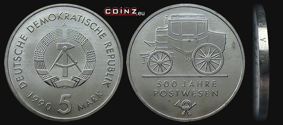 5 marek 1990 500 Lat Poczty - monety Niemiec (NRD)