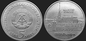 Monety Niemiec - 5 marek 1989 Mühlhausen - Kościół Marii Panny
