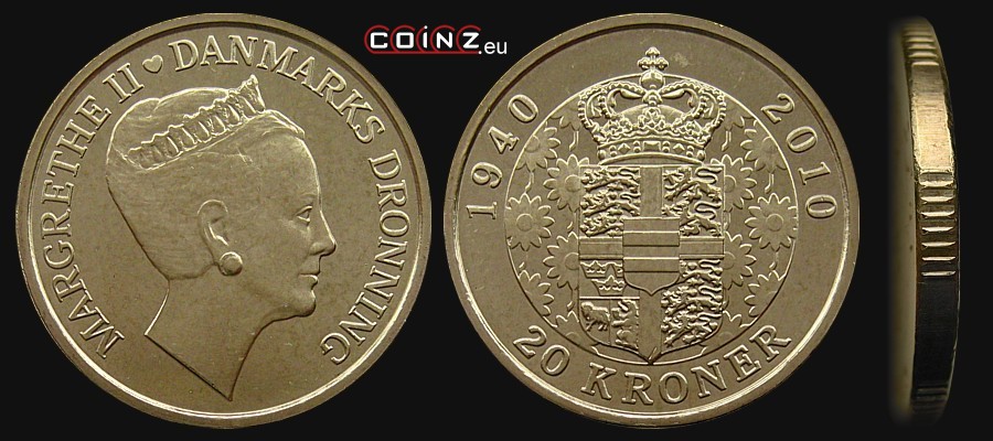 20 kroner 2010 - 70th Birthday of Queen Margrethe II - coins of Denmark