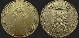 coins of Denmark - 20 kroner 1997 25 Years of Queen Margrethe's II Reign