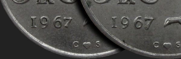 Variety of coins with face value 25 øre from 1967