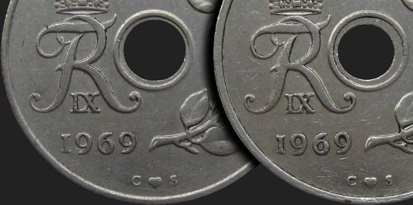 Variety of coins with face value 25 øre from 1969