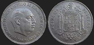 Monety Hiszpanii - 5 peset 1949-1952