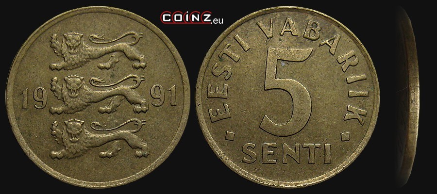 5 senti 1991-1995 - monety Estonii