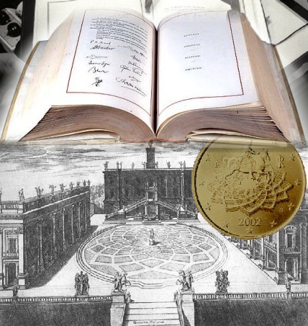 Roman Treaties book, Piazza de Campidoglio and Italian 50 euro cent coin