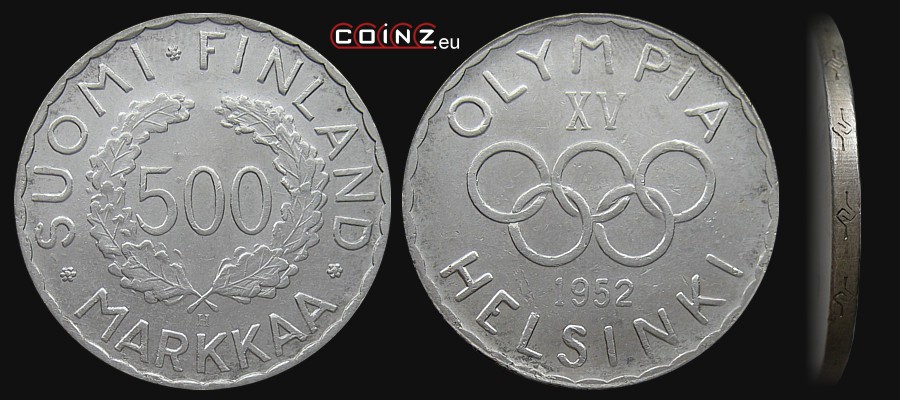 500 markkaa 1951-1952 XV Summer Olympic Games Helsinki - coins of Finland