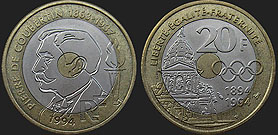 Coins of France - 20 francs 1994 Pierre de Coubertin