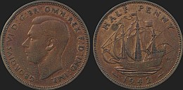 Monety Wielkiej Brytanii - pół 1/2 pensa 1937-1948