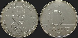 Monety Węgier - 10 forintów 2005 Attila Jozsef