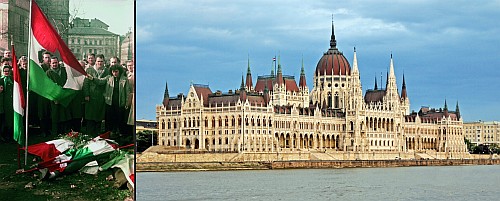 Flagi rewolucji i parlament w Budapeszcie