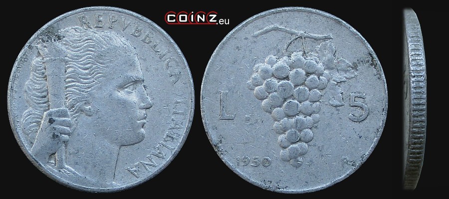 5 lirów 1946-1950 - monety Włoch