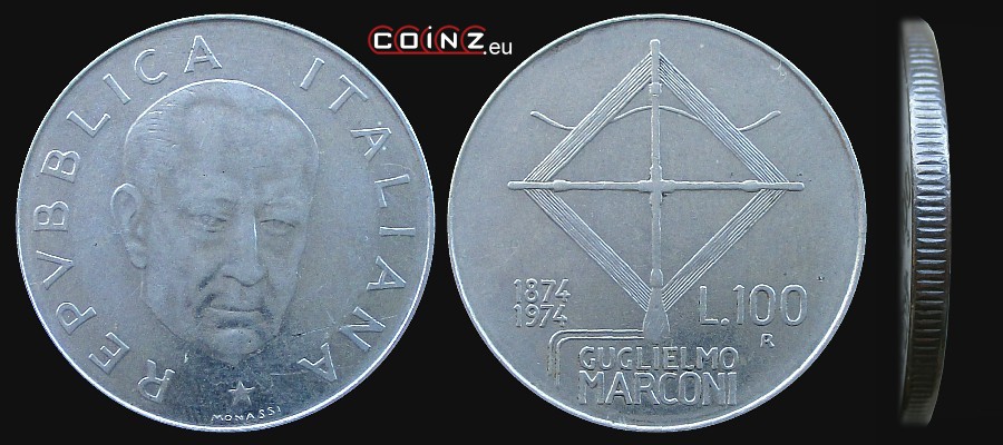 100 lirów 1974 Guglielmo Marconi - monety Włoch