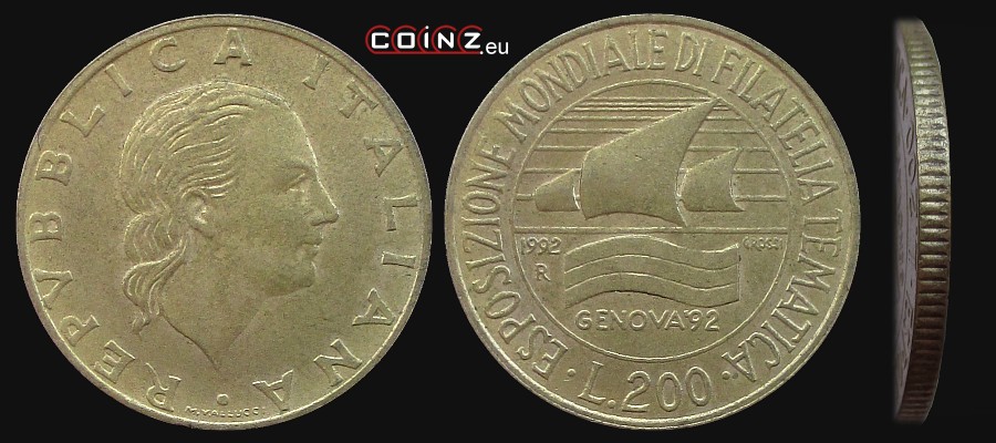 200 lirów 1992 Światowa Wystawa Filatelistyczna Genua'92 - monety Włoch