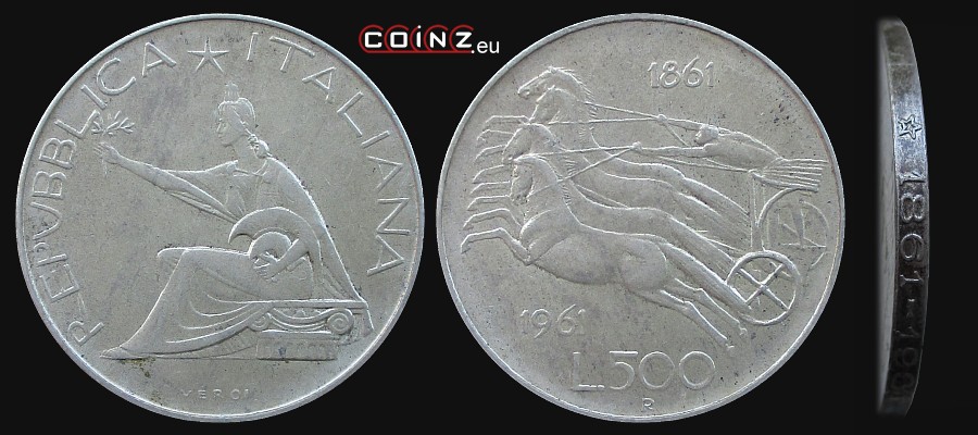 500 lirów 1961 Zjednoczenie Włoch - monety Włoch