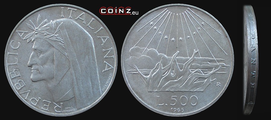 500 lirów 1965 Dante Alighieri - monety Włoch