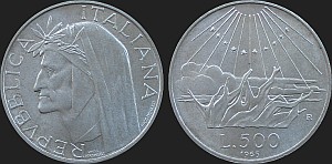 Monety Włoch - 500 lirów 1965 Dante Alighieri