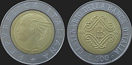 Monety Włoch - 500 lirów 1993 Bank Włoch