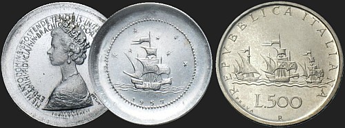 Karaka Santa Maria na medalu oraz na próbie 500 lirów z 1957 r.