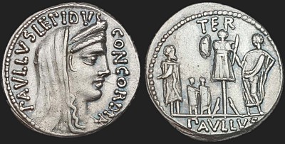 Srebrny denar L. Aemiliusa Lepidusa Paullusa z 62 r.p.n.e z mennicy rzymskiej