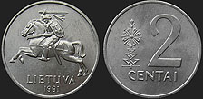 Lietuvos monetos - 2 centai 1991