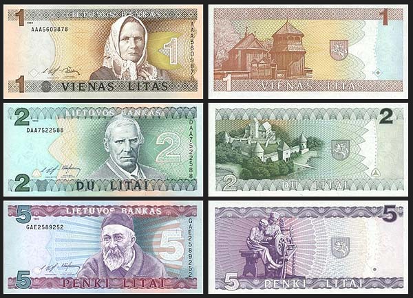 1, 2 ir 5 litų Lietuvos banknotai