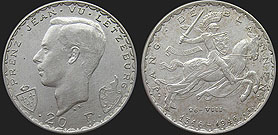 Monety Luksemburga - 20 franków 1946 Jan I Luksemburski (Jan Ślepy)