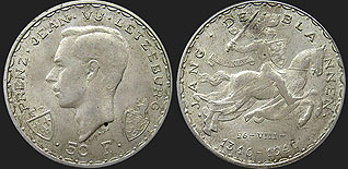Monety Luksemburga - 50 franków 1946 Jan I Luksemburski (Jan Ślepy)