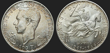 Monety Luksemburga - 100 franków 1946 Jan I Luksemburski (Jan Ślepy)