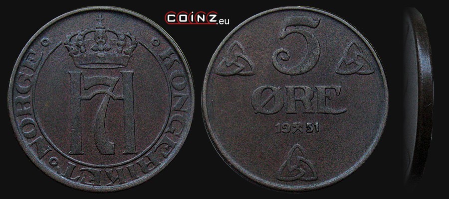5 ore 1908-1952 - monety Norwegii