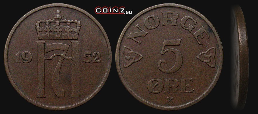 5 ore 1952-1957 - monety Norwegii