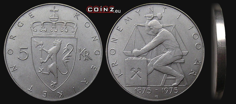 5 koron 1975 - 100 Lat Korony - monety Norwegii