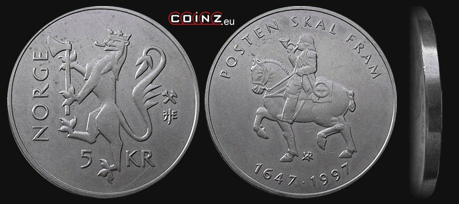 5 koron 1997 - 350 Lat Poczty Norweskiej - monety Norwegii