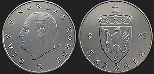 Monety Norwegii - 5 koron 1974-1988