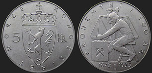 Monety Norwegii - 5 koron 1975 100 Lat Korony