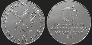 Monety Norwegii - 5 koron 1991 175 Lat Banku Norwegii