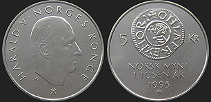 Monety Norwegii - 5 koron 1995 1000 Lat Monety Norweskiej